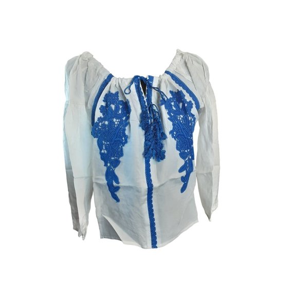 2/$35-Line & Dot Embroidery Off Shoulder Pheasant Boho Blouse Women's Size M - Picture 9 of 13